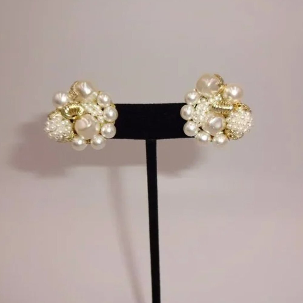 Vintage Gold Tone & Faux Pearl Clip On Earrings Marked Japan